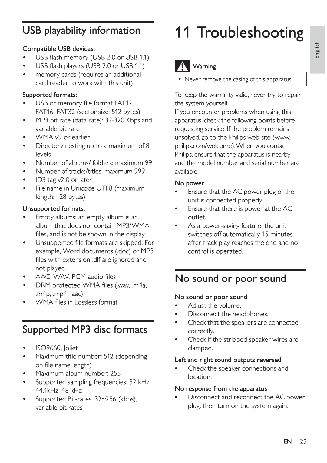 Philips MCD107 user manual Troubleshooting, USB playability information, Supported MP3 disc formats, No sound or poor sound 