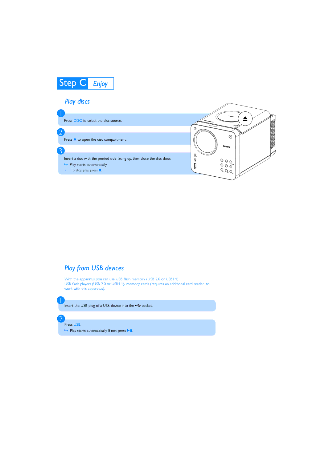 Philips MCD107/51 quick start Play discs, Play from USB devices 