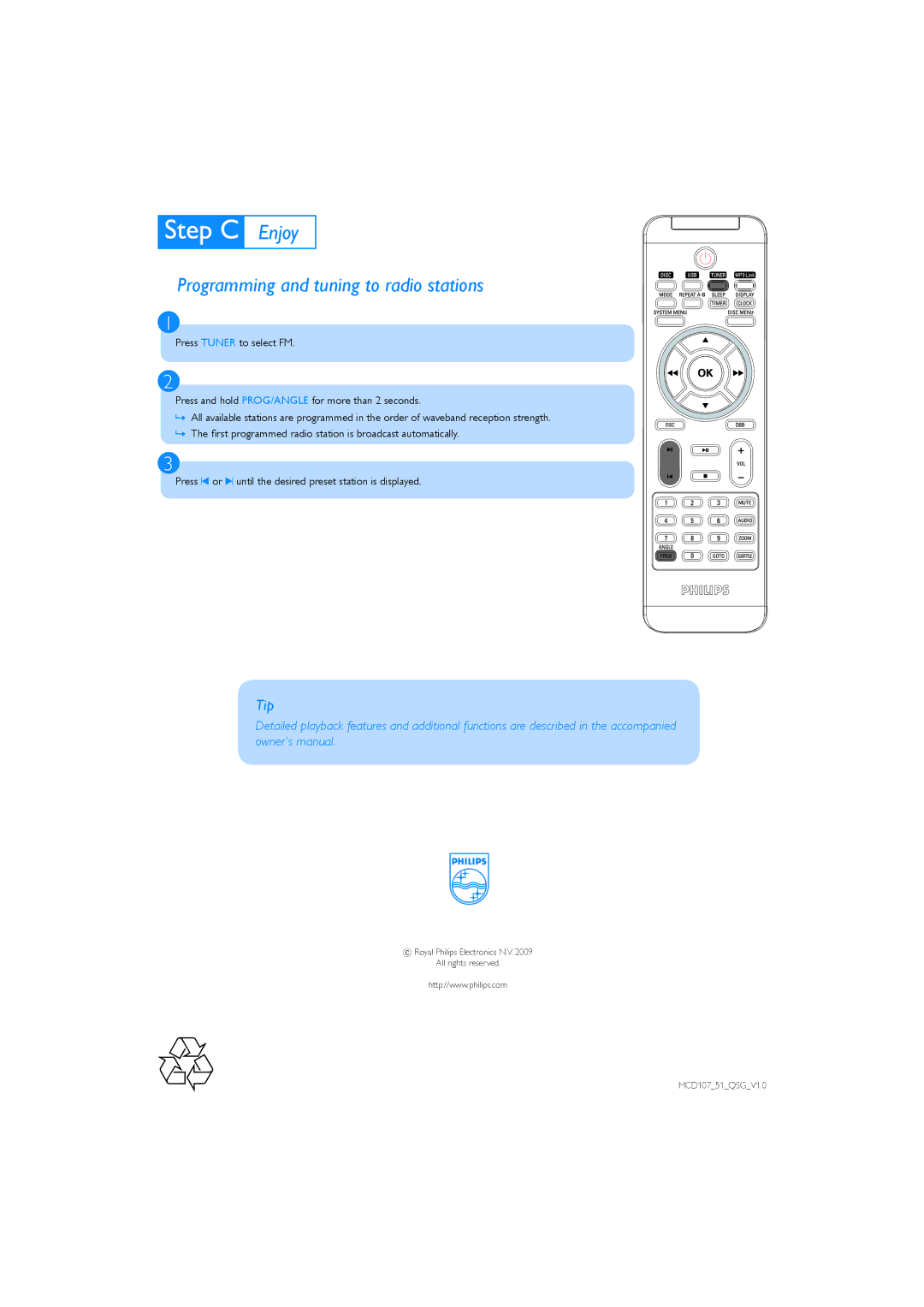 Philips MCD107/51 quick start Programming and tuning to radio stations 