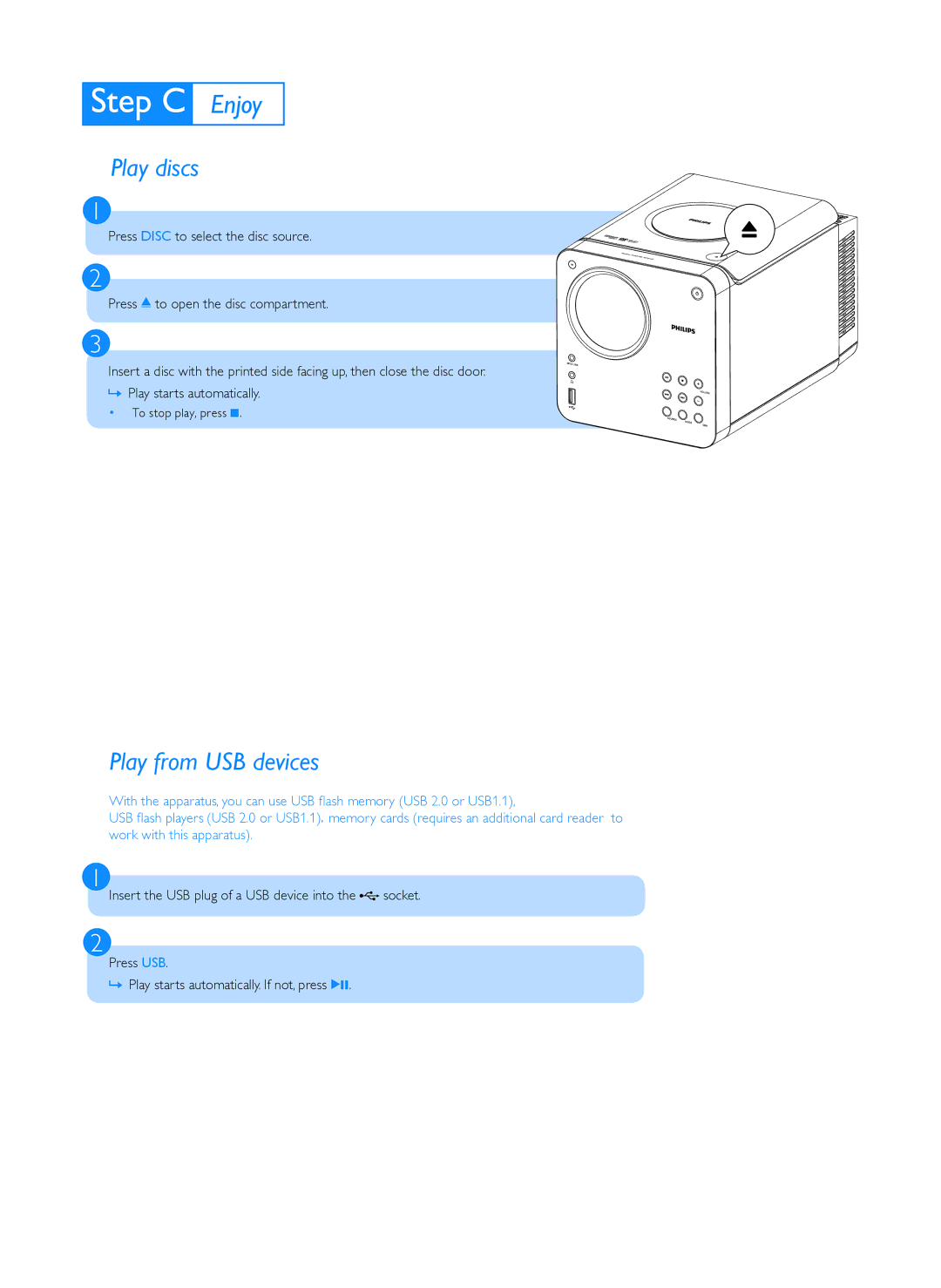 Philips MCD107/93 quick start Play discs, Play from USB devices 