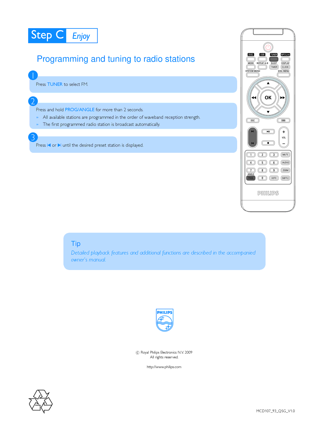 Philips MCD107/93 quick start Programming and tuning to radio stations 