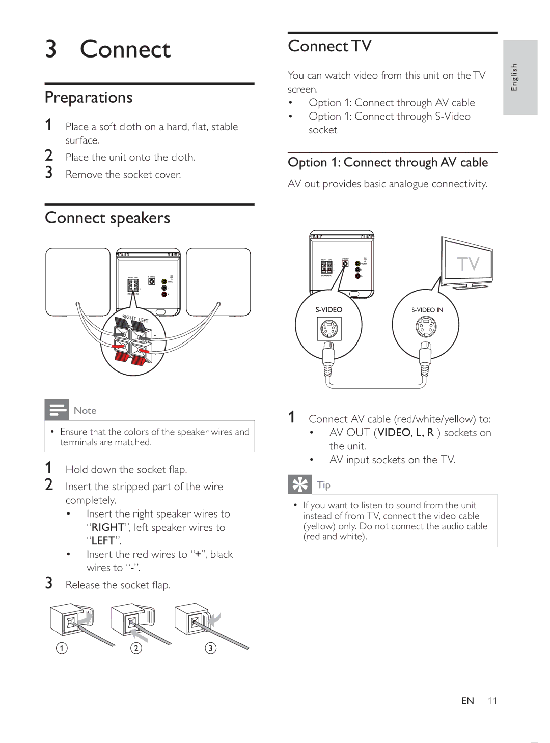 Philips MCD107/98 user manual Preparations, Connect speakers Connect TV, Option 1 Connect through AV cable 