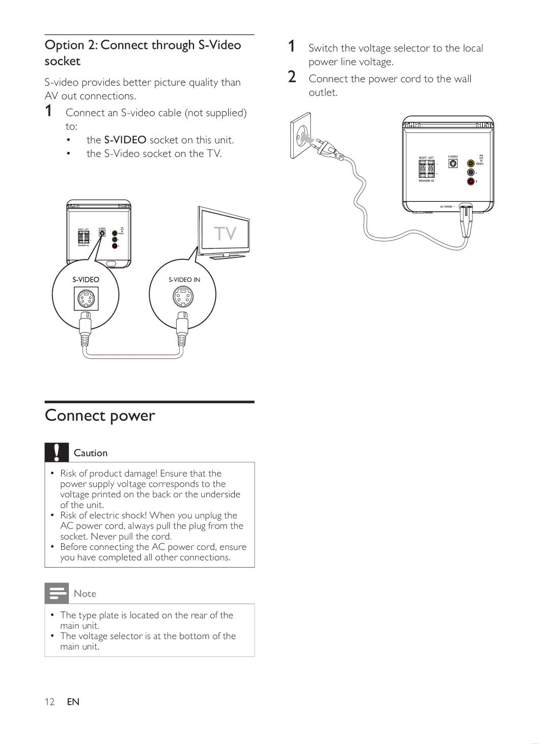 Philips MCD107/98 user manual Connect power, Option 2 Connect through S-Video socket 