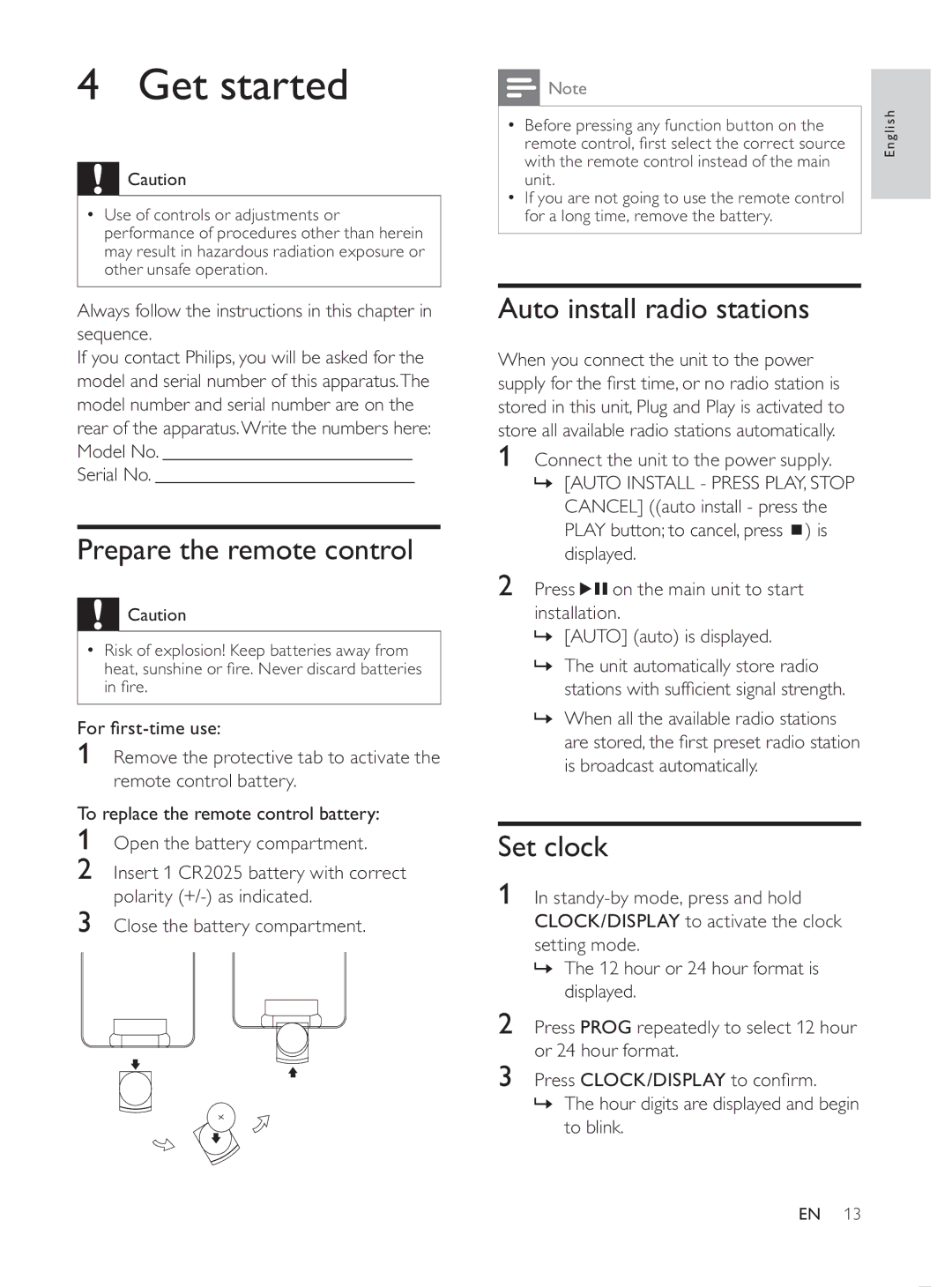 Philips MCD107/98 Get started, Prepare the remote control, Auto install radio stations, Set clock, RuÀuvwWlphXvh 