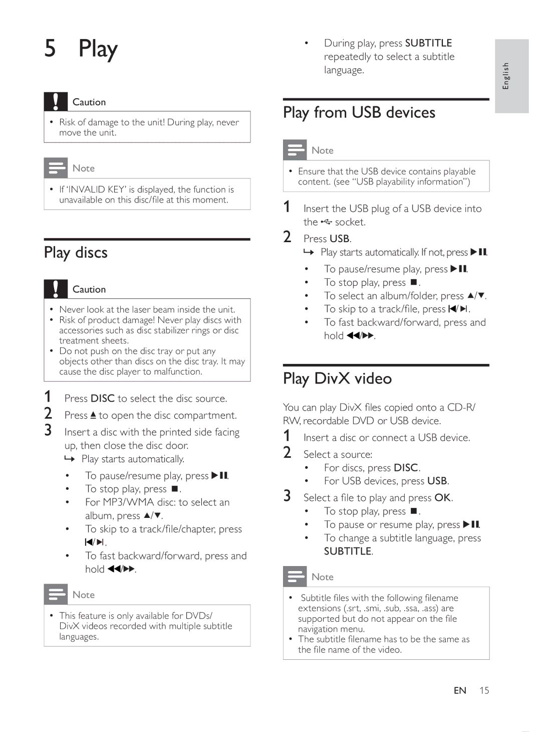 Philips MCD107/98 user manual Play discs, Play from USB devices, Play DivX video, Subtitle 