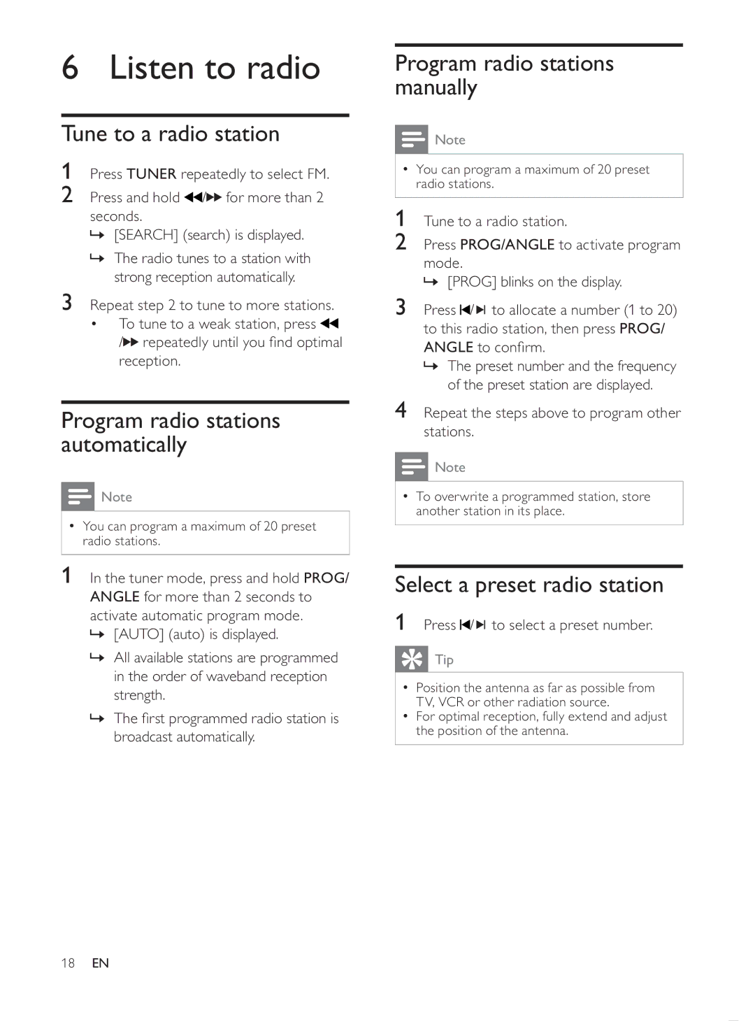 Philips MCD107/98 Listen to radio, Tune to a radio station, Program radio stations manually, Select a preset radio station 