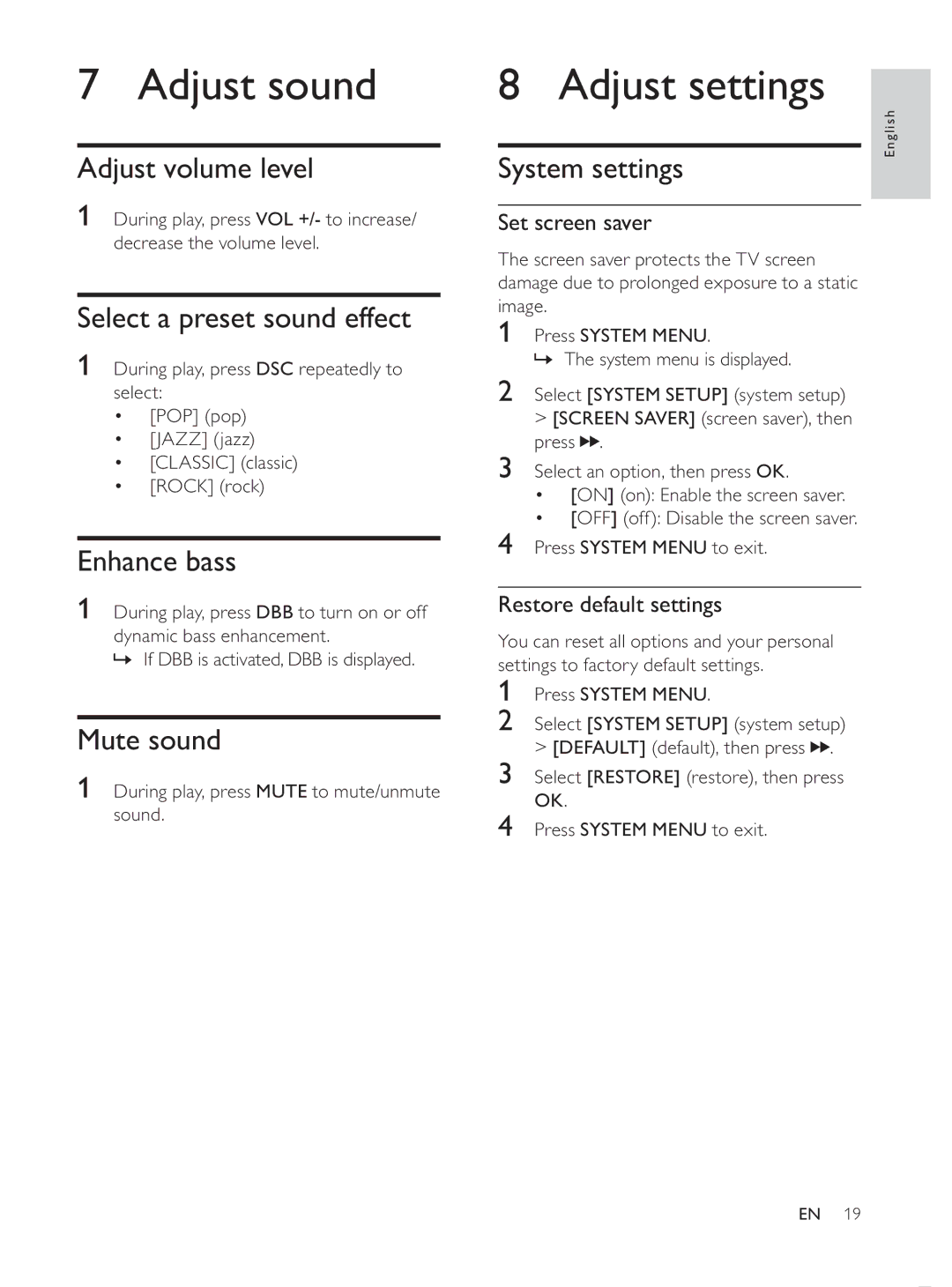 Philips MCD107/98 user manual Adjust sound, Adjust settings 