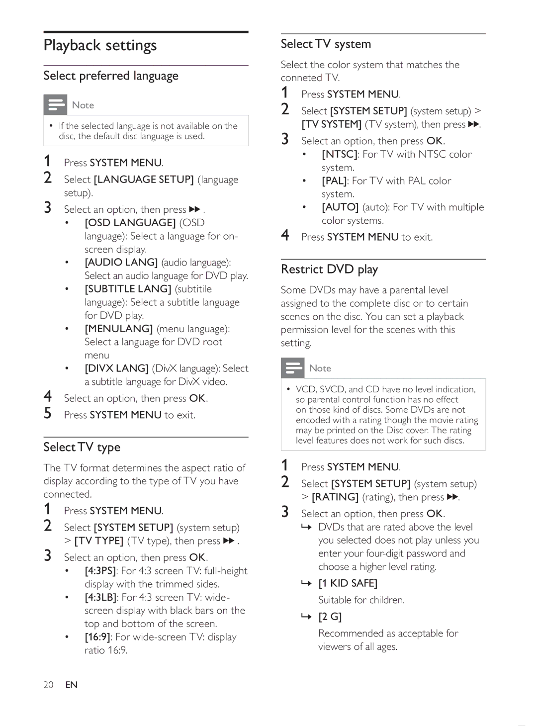 Philips MCD107/98 Playback settings, Select preferred language, Select TV type, Select TV system, Restrict DVD play 