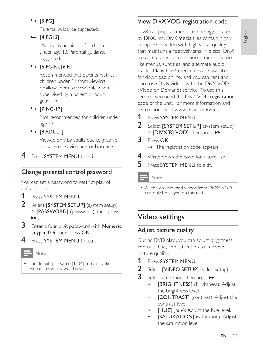 Philips MCD107/98 Video settings, Change parental control password, View DivXVOD registration code, Adjust picture quality 