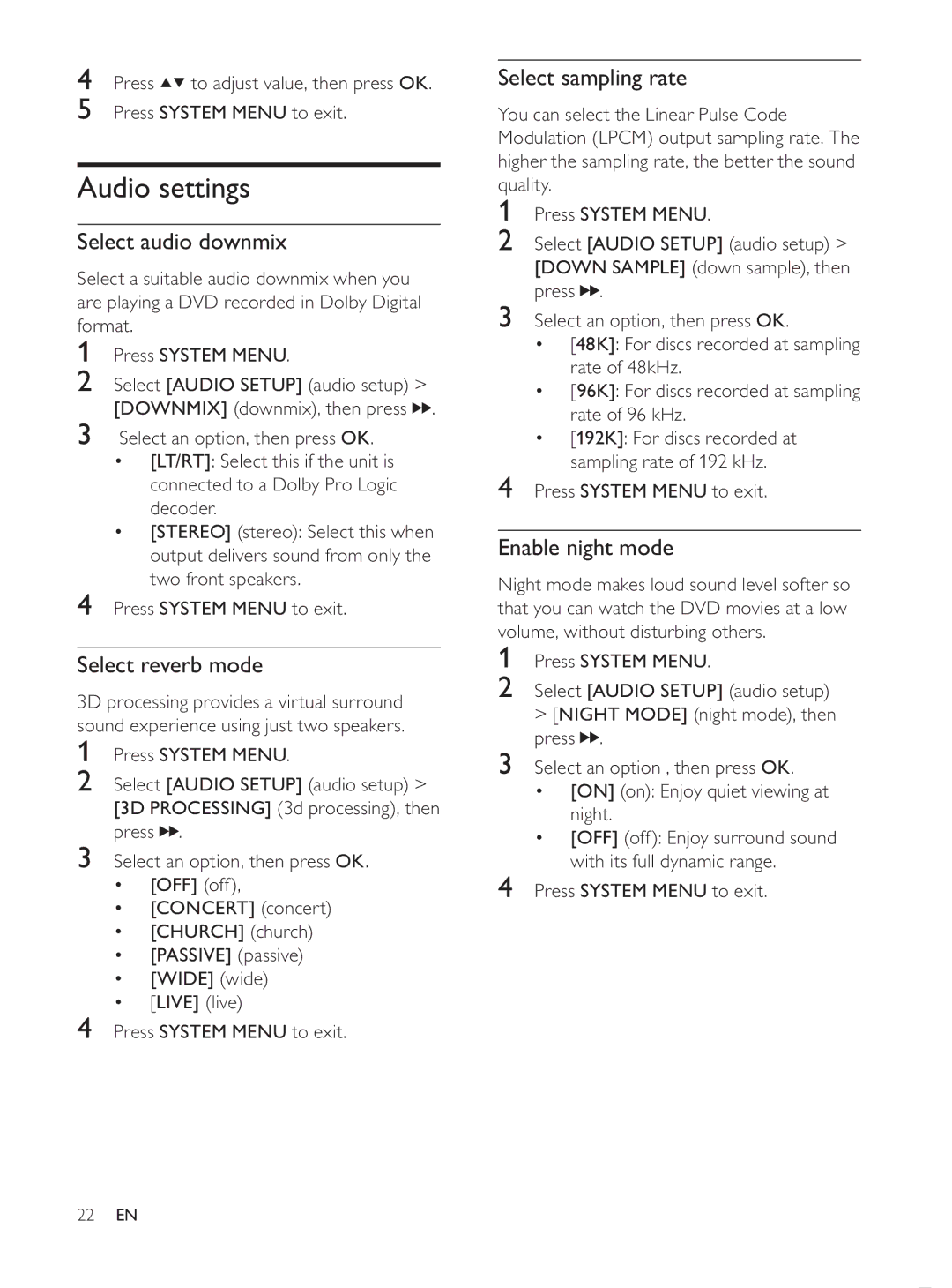 Philips MCD107/98 Audio settings, Select audio downmix, Select reverb mode, Select sampling rate, Enable night mode 