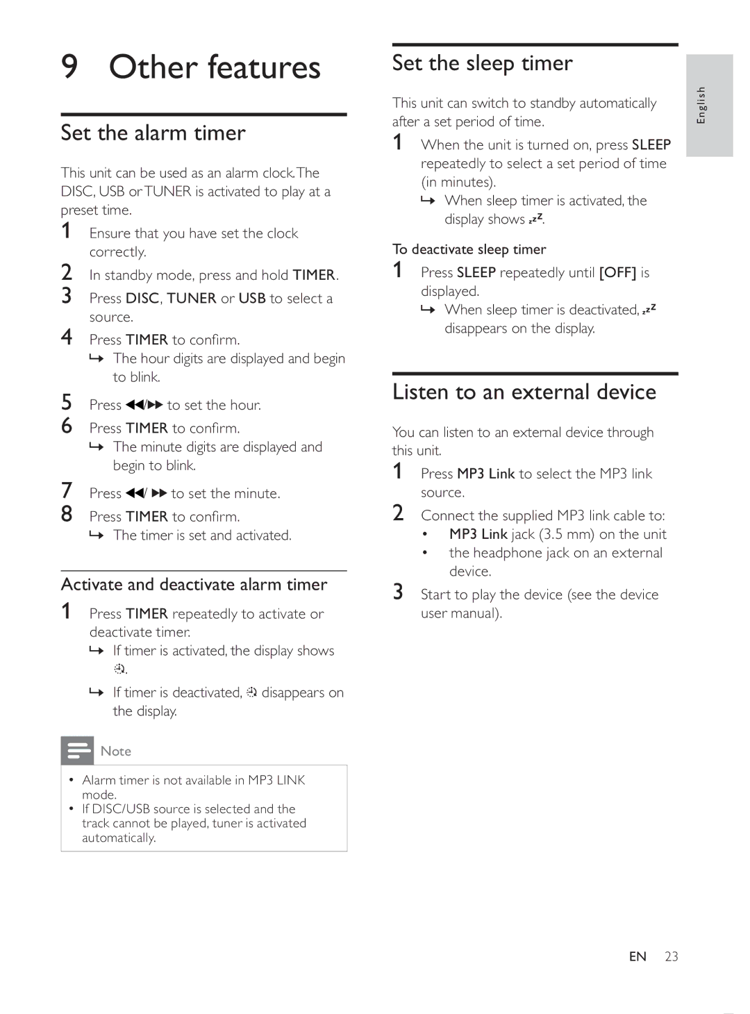 Philips MCD107/98 user manual Other features, Set the alarm timer, Set the sleep timer, Listen to an external device 