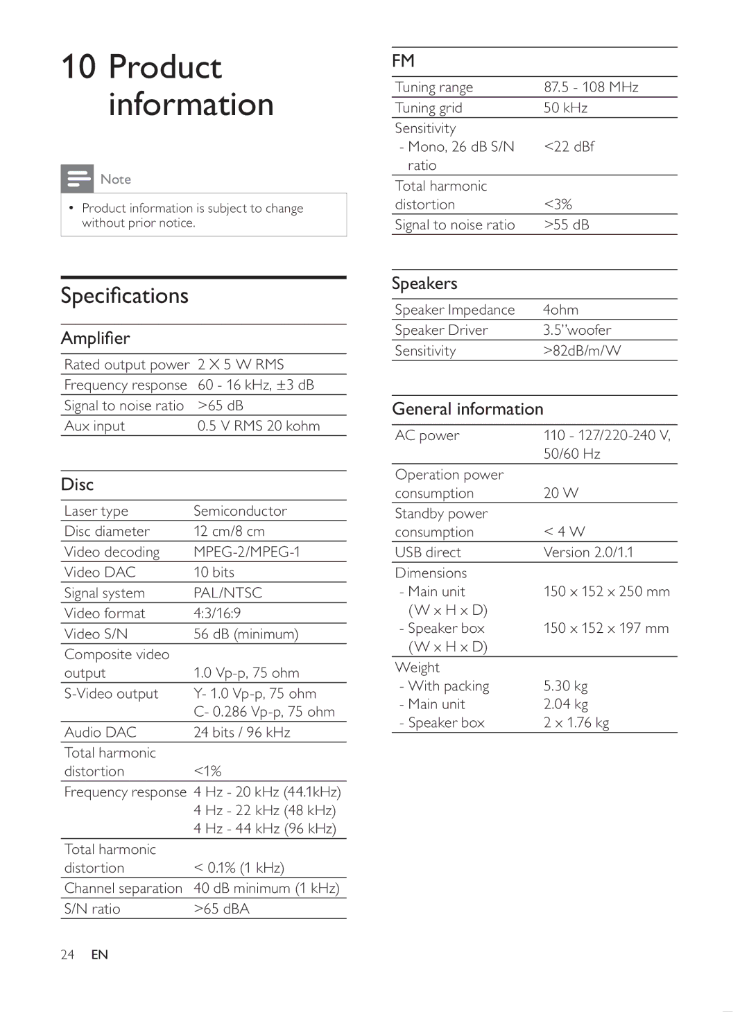 Philips MCD107/98 user manual Product information, Disc, Speakers, General information 