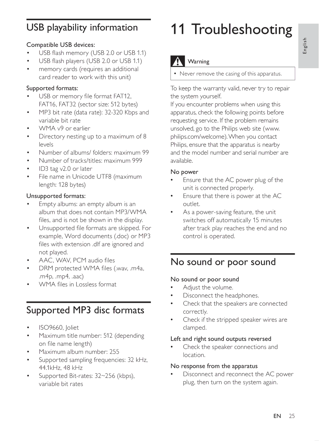 Philips MCD107/98 Troubleshooting, USB playability information, Supported MP3 disc formats, No sound or poor sound 