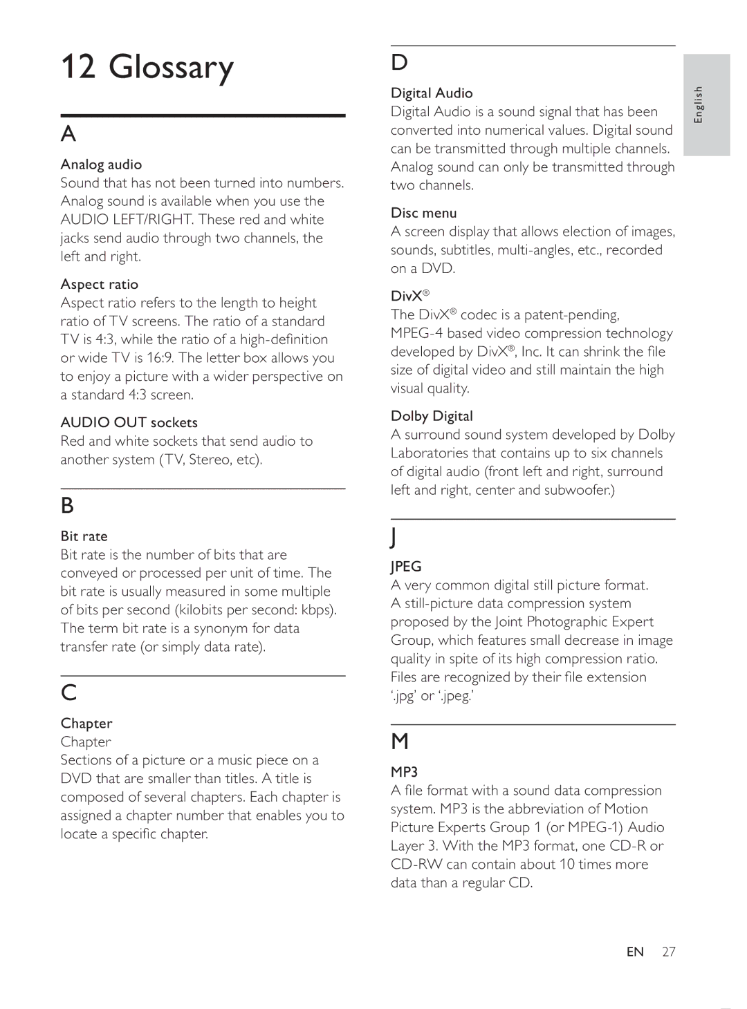 Philips MCD107/98 user manual Glossary, OrfdwhDVshflàfFkdswhu, Jpeg, MP3 