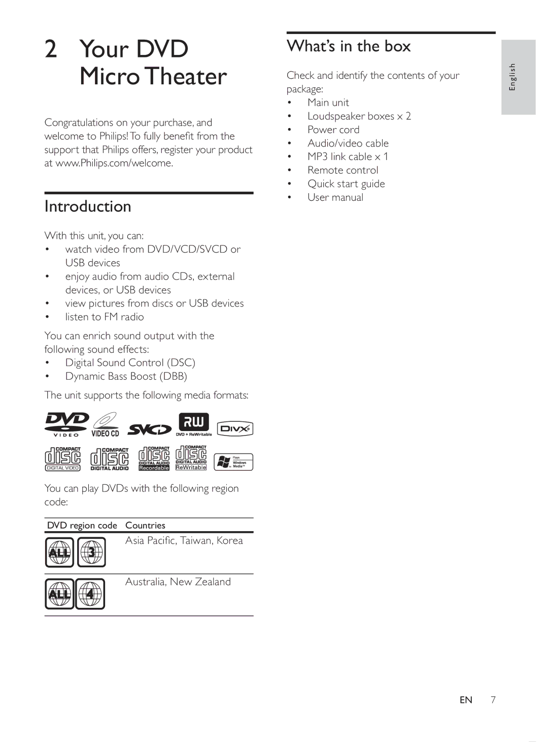 Philips MCD107/98 user manual Introduction, What’s in the box, $VLD3DFLÀF7DLZDQ.RUHD, Australia, New Zealand 