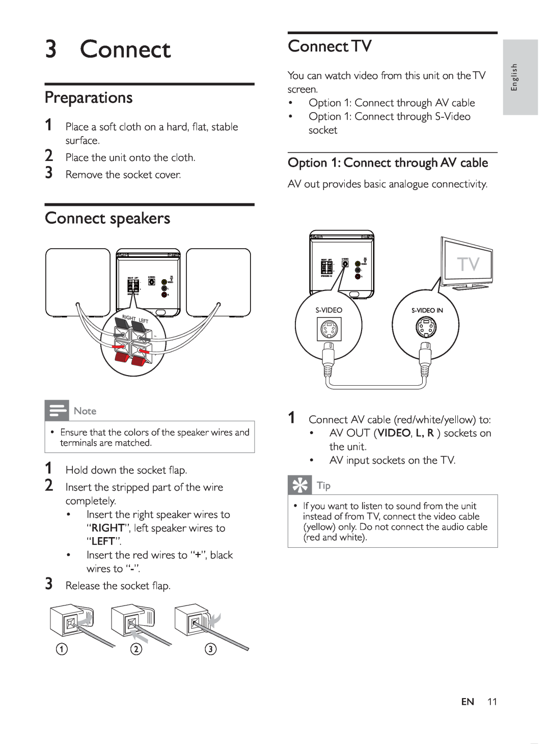 Philips MCD107/98 user manual Preparations, Connect speakers, Connect TV, Option 1 Connect through AV cable 