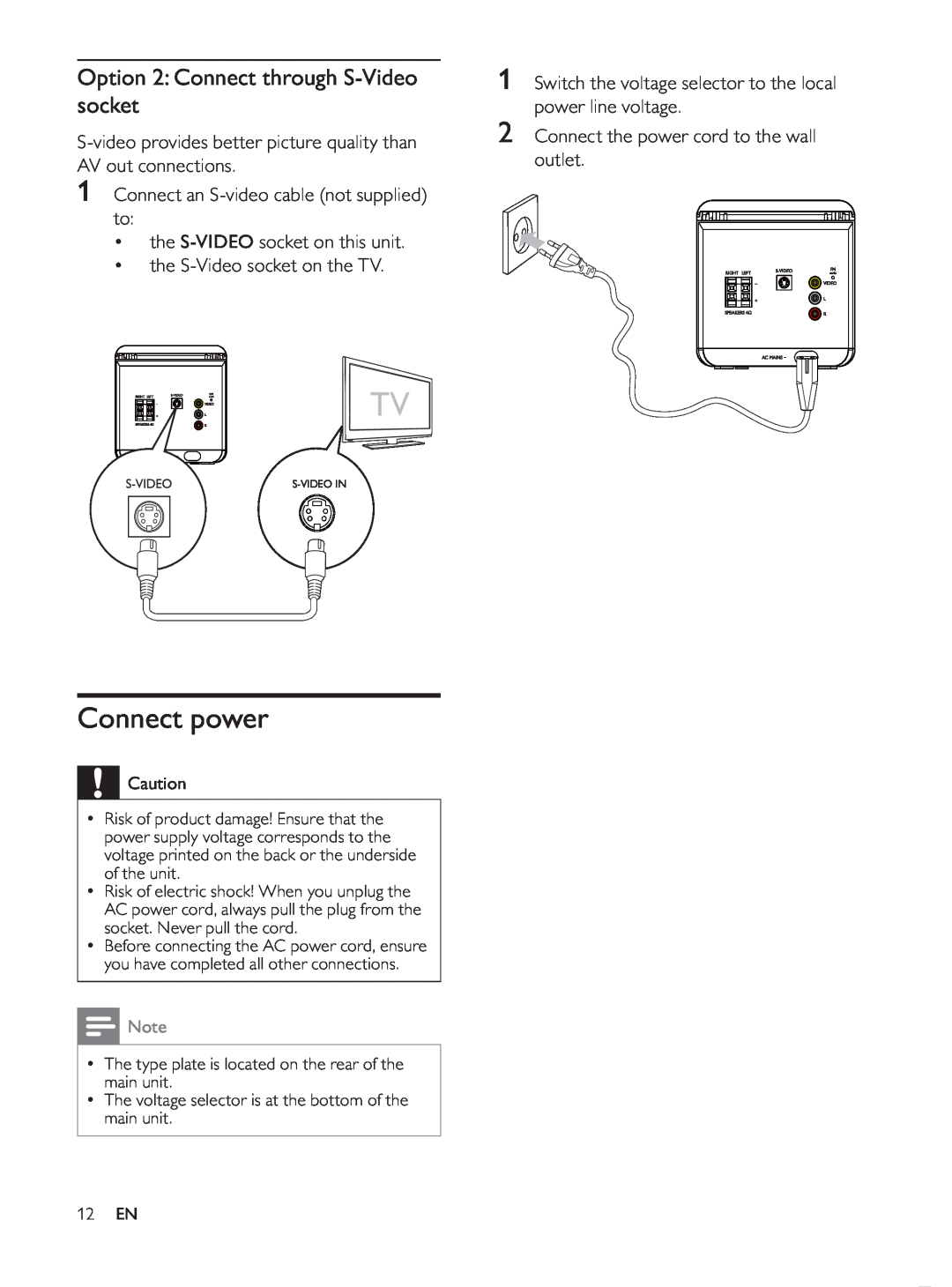 Philips MCD107/98 user manual Connect power, Option 2 Connect through S-Videosocket 