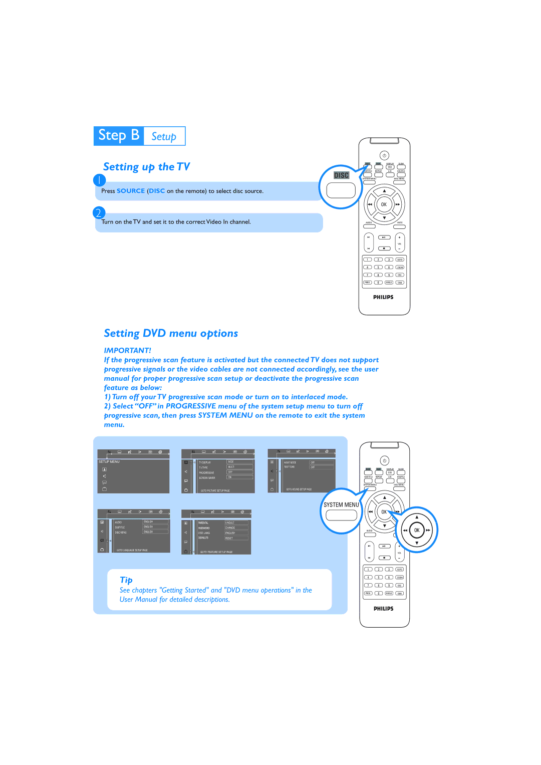 Philips MCD109 quick start Setting up the TV, Setting DVD menu options, Tip 