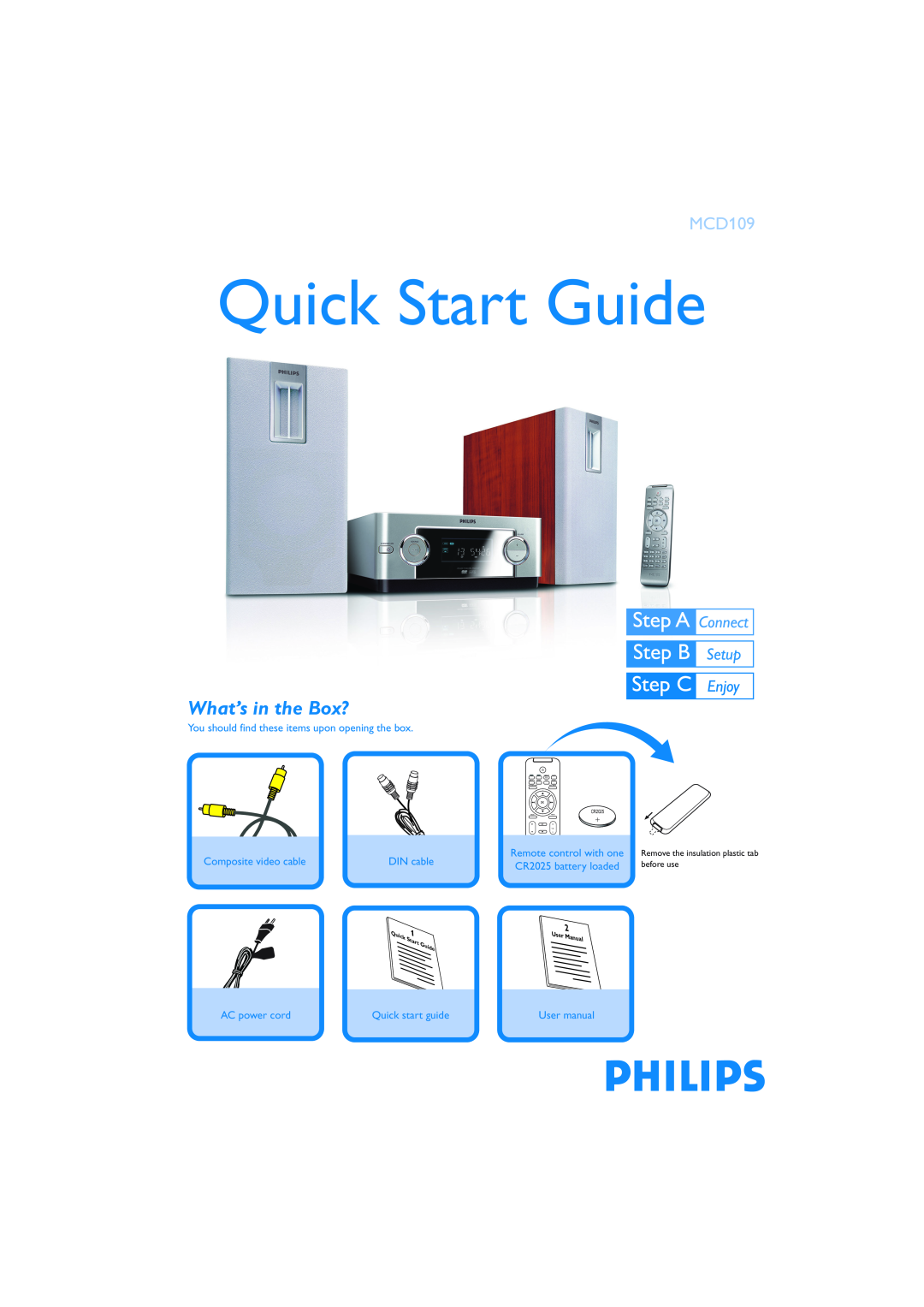 Philips MCD109/55 quick start What’s in the Box?, Quick Start Guide, You should find these items upon opening the box 