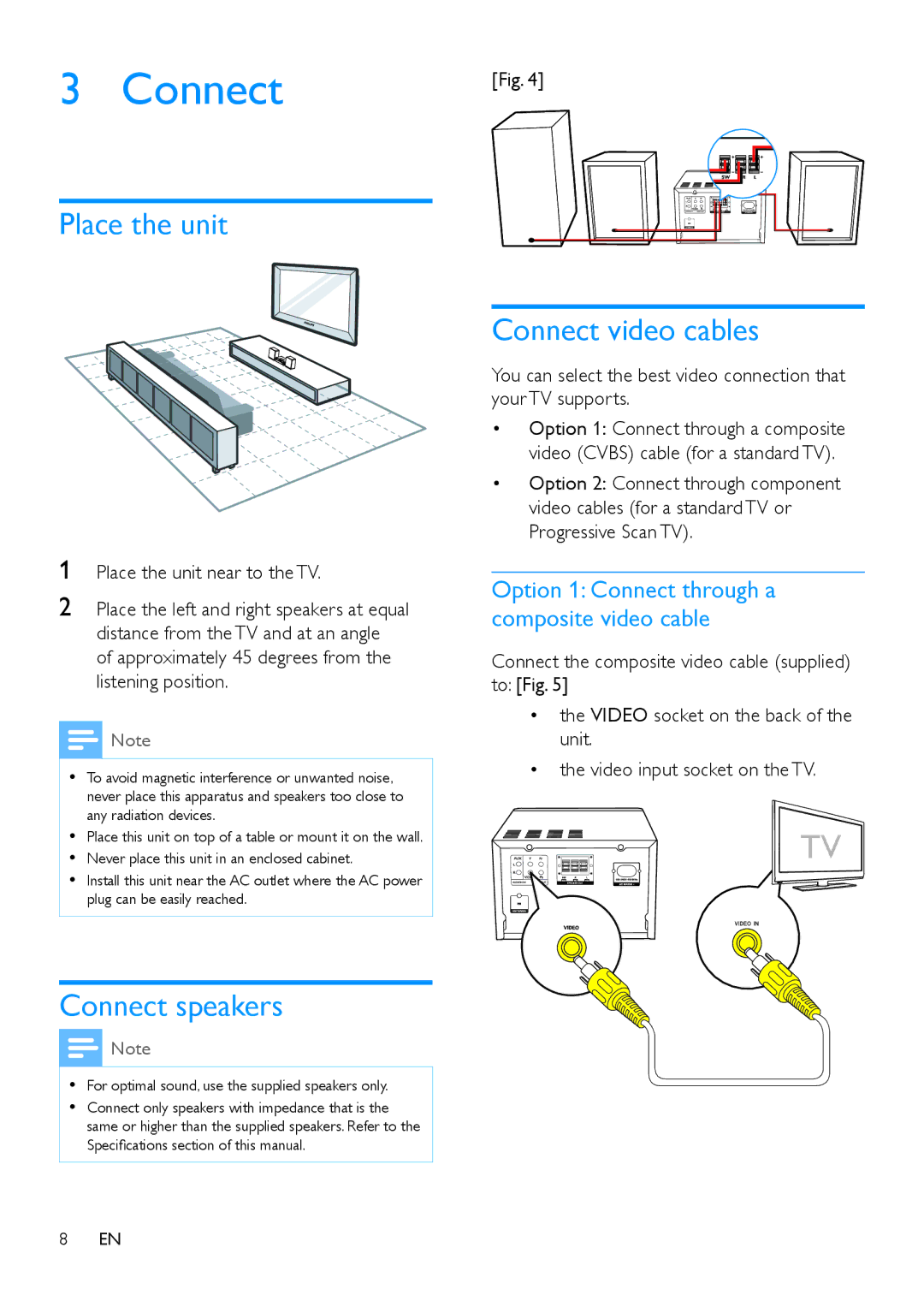 Philips MCD1165 user manual Place the unit, Connect speakers, Connect video cables 