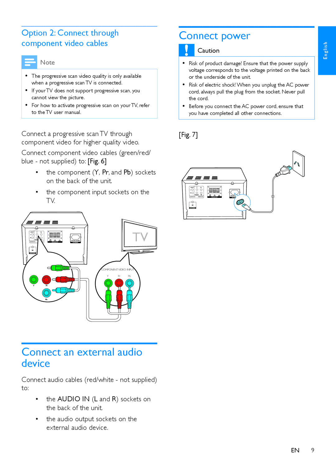 Philips MCD1165 user manual Connect an external audio device, Connect power 