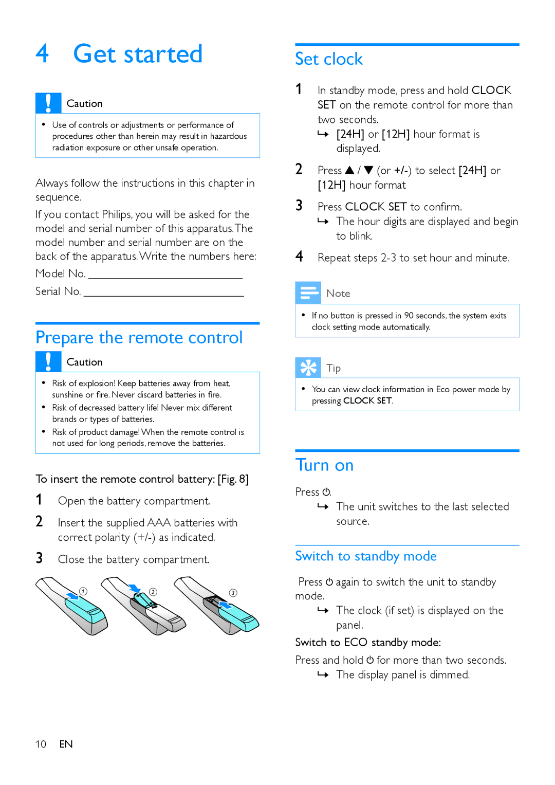 Philips MCD1165 user manual Get started, Prepare the remote control, Set clock, Turn on, Switch to standby mode 