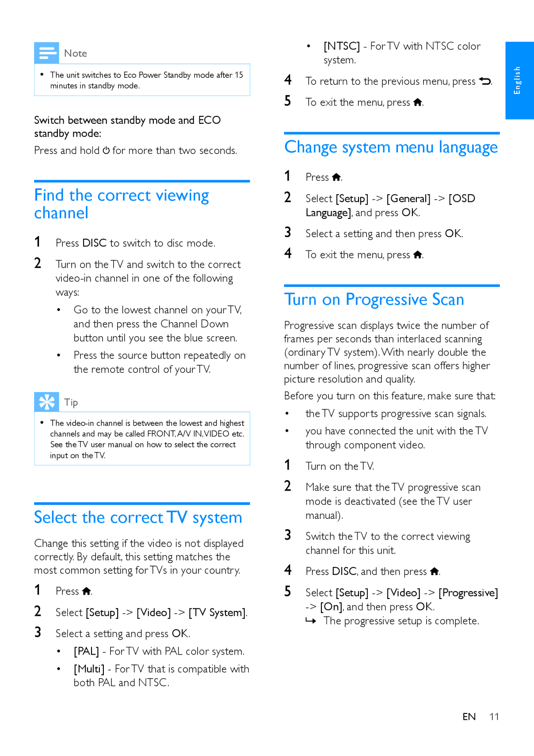 Philips MCD1165 user manual Find the correct viewing channel, Select the correct TV system, Turn on Progressive Scan 