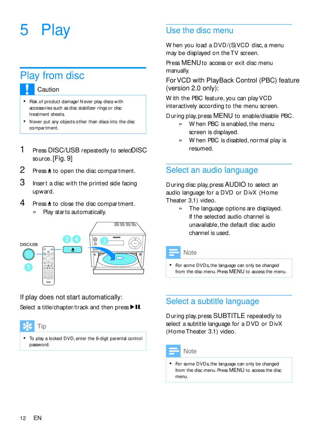 Philips MCD1165 user manual Play from disc, Use the disc menu, Select an audio language, Select a subtitle language 