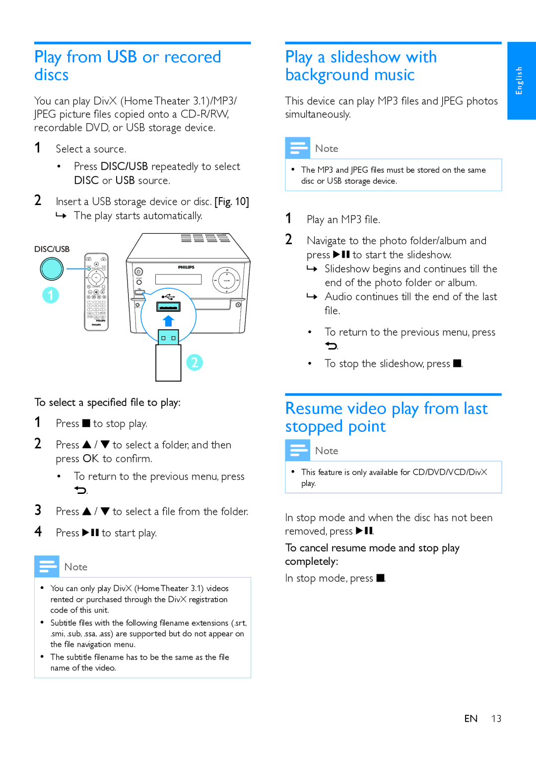 Philips MCD1165 user manual Play from USB or recored discs, Resume video play from last stopped point 