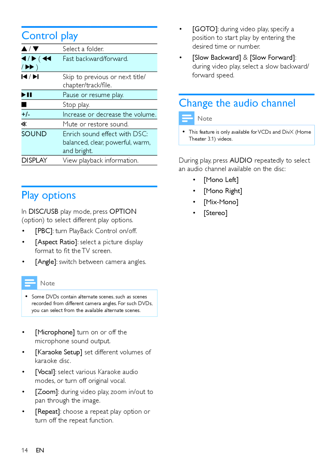 Philips MCD1165 user manual Control play, Play options, Change the audio channel 