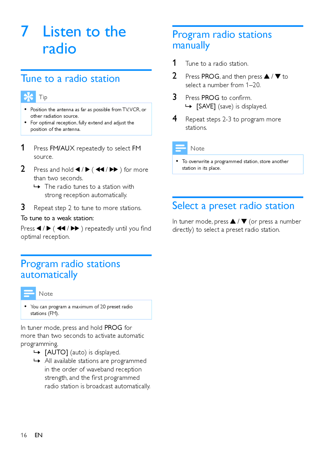 Philips MCD1165 user manual Listen to the radio, Tune to a radio station, Program radio stations automatically 