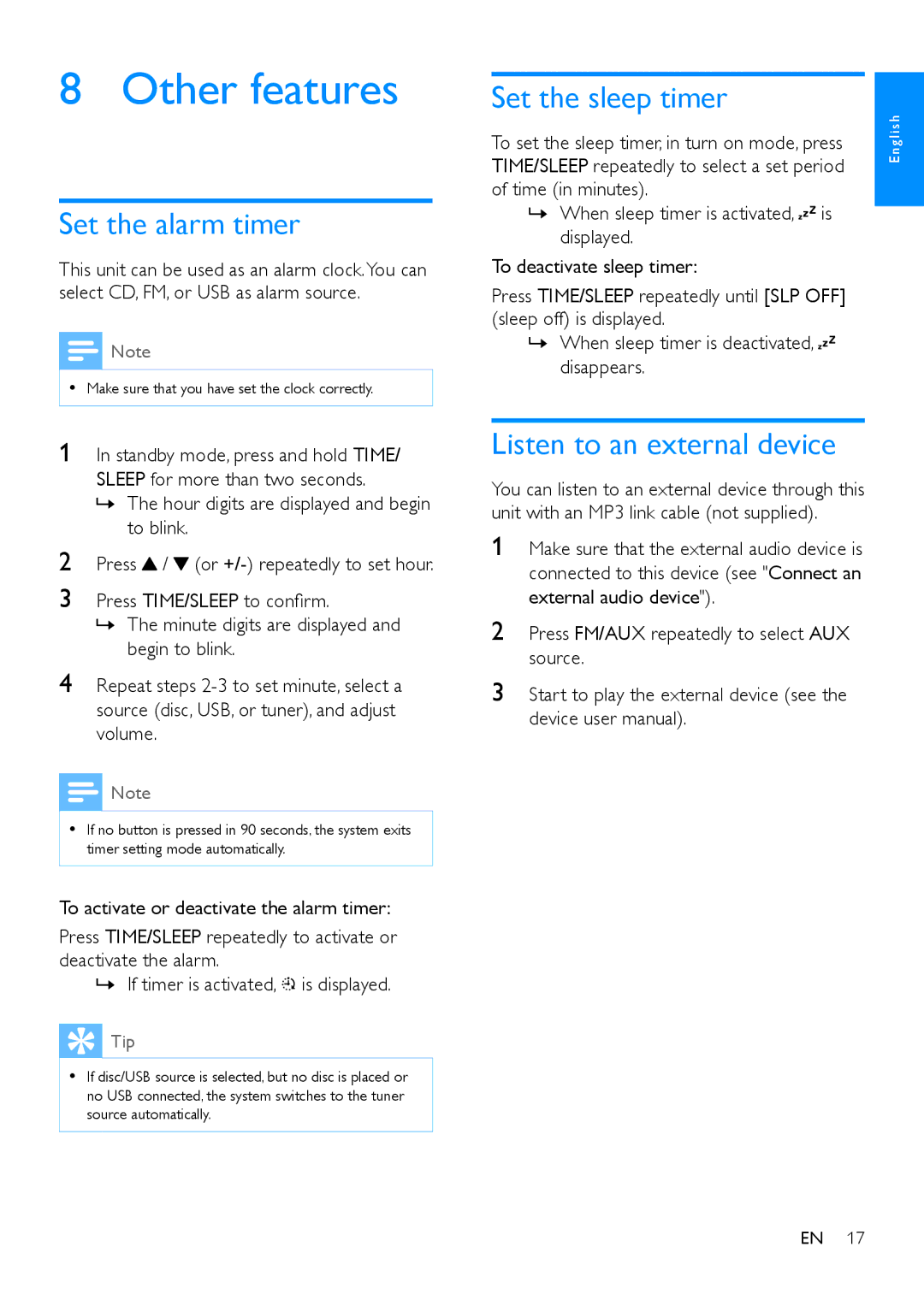 Philips MCD1165 user manual Other features, Set the alarm timer, Set the sleep timer, Listen to an external device 