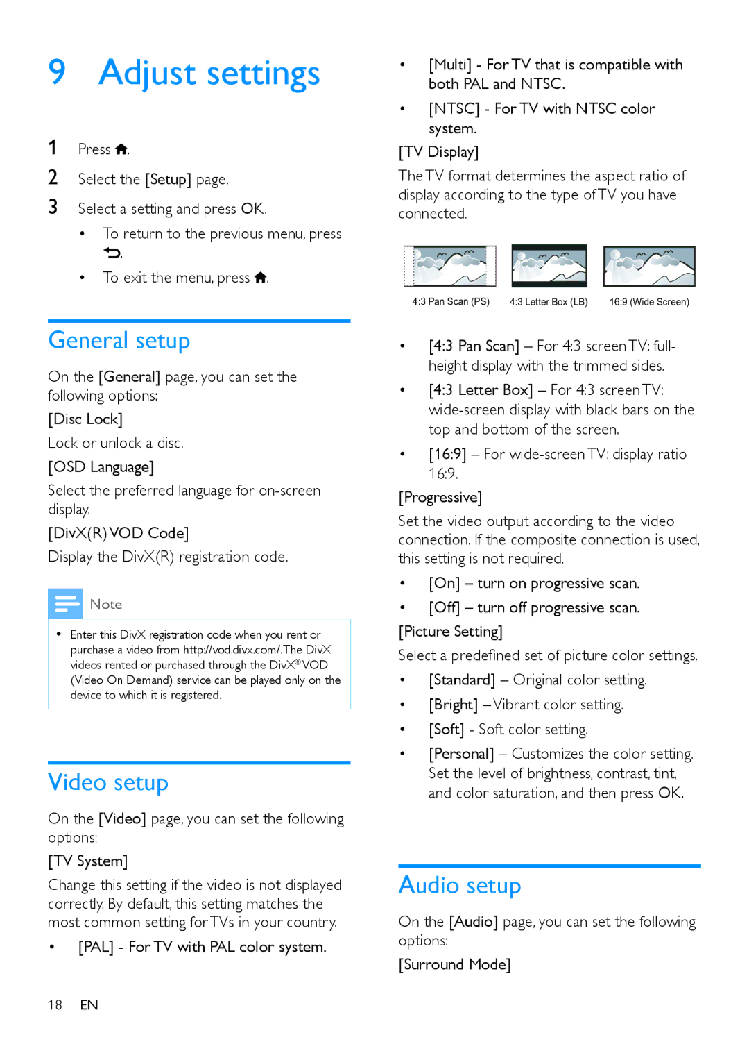 Philips MCD1165 user manual Adjust settings, General setup, Video setup, Audio setup 