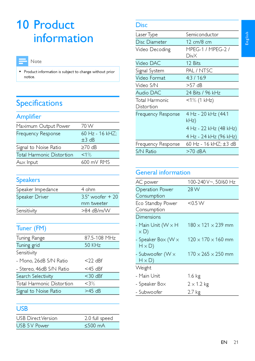 Philips MCD1165 user manual Product information, Specifications 