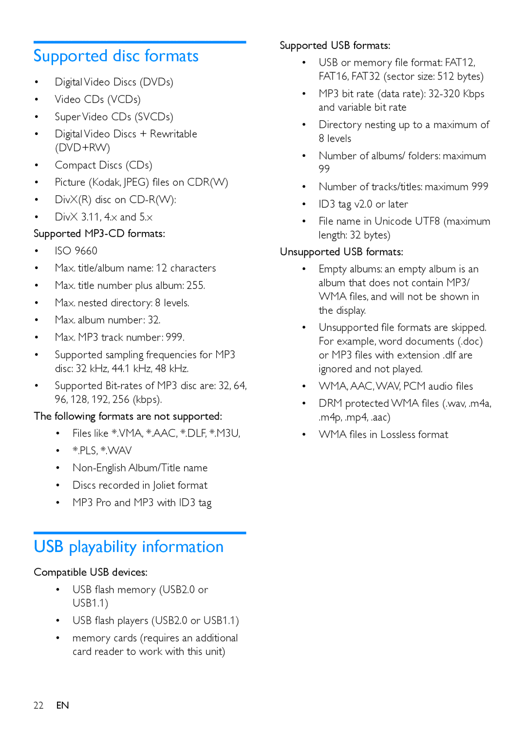 Philips MCD1165 user manual Supported disc formats, USB playability information 