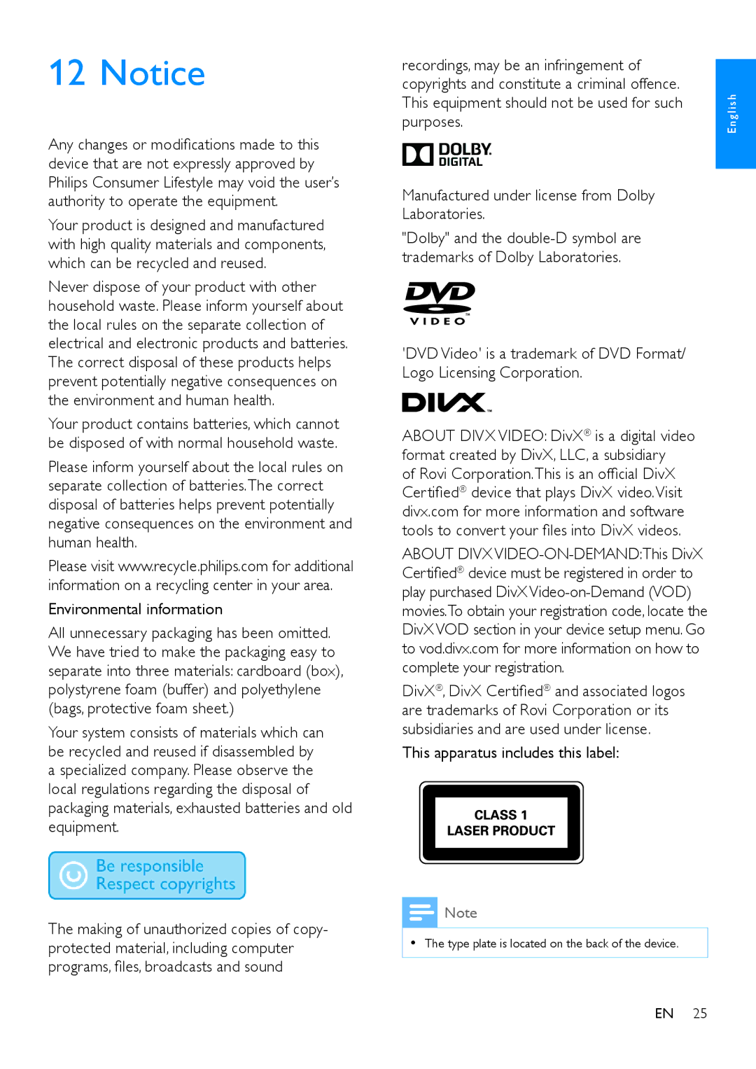 Philips MCD1165 user manual Environmental information 