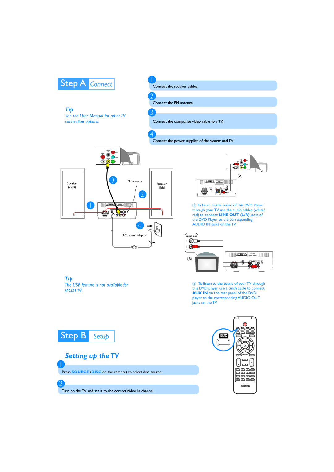 Philips MCD119/12 quick start Setting up the TV, USB feature is not available for MCD119 