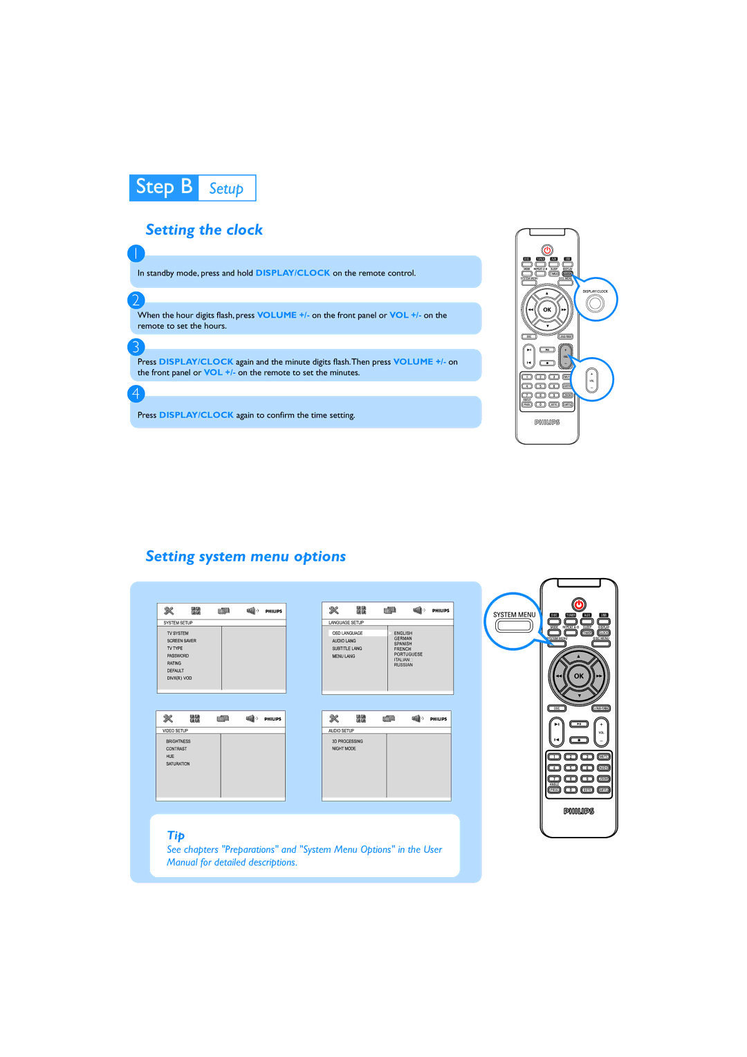 Philips MCD119/12 quick start Setting the clock, Setting system menu options 