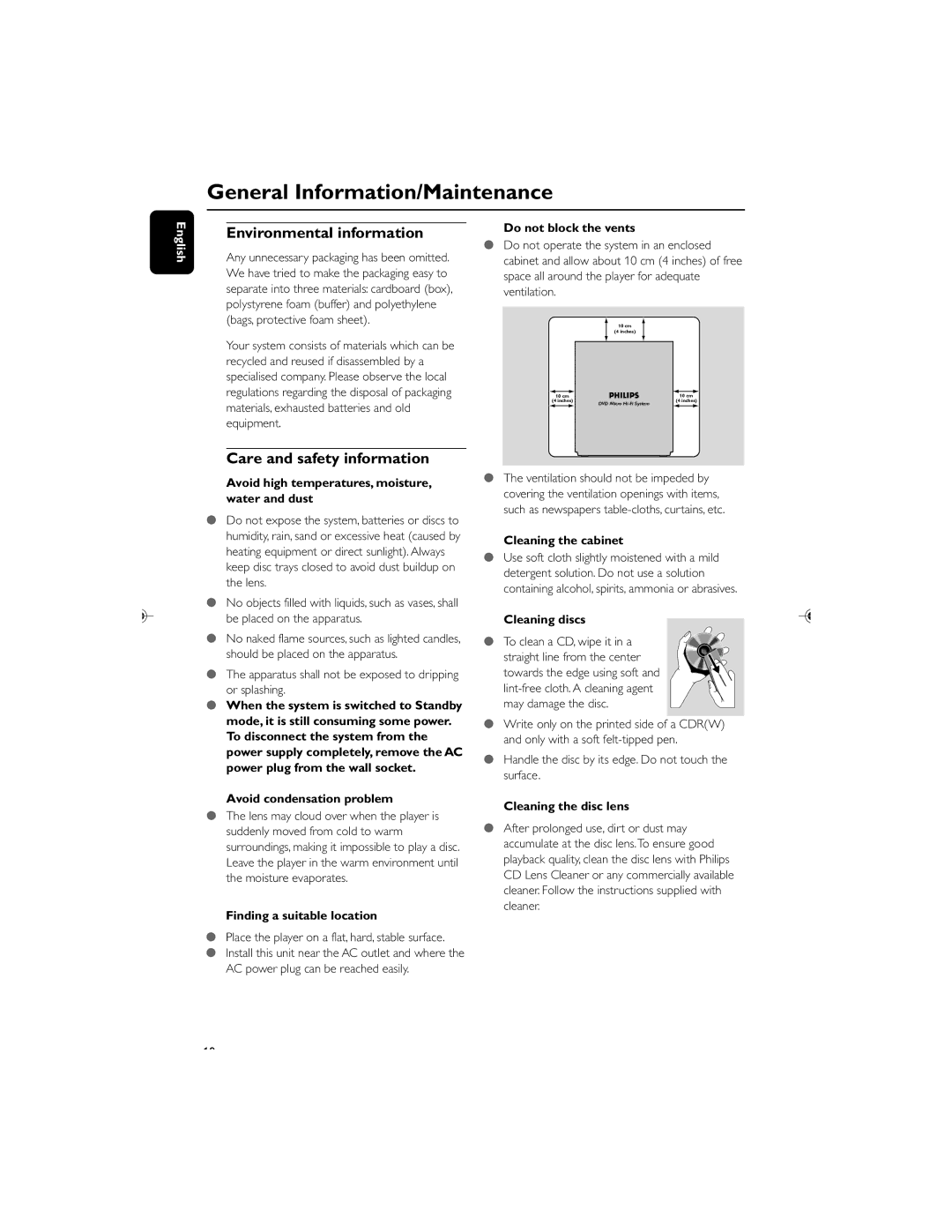 Philips MCD119/05 user manual General Information/Maintenance, Environmental information, Care and safety information 