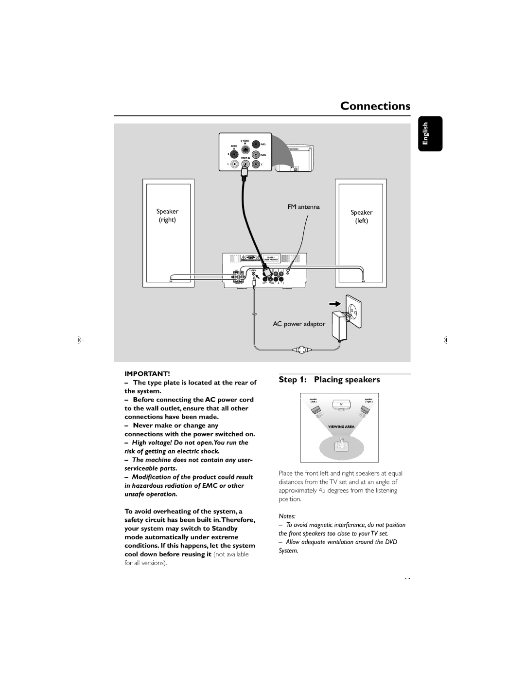 Philips MCD119/05 user manual Connections, Placing speakers, Type plate is located at the rear of the system 