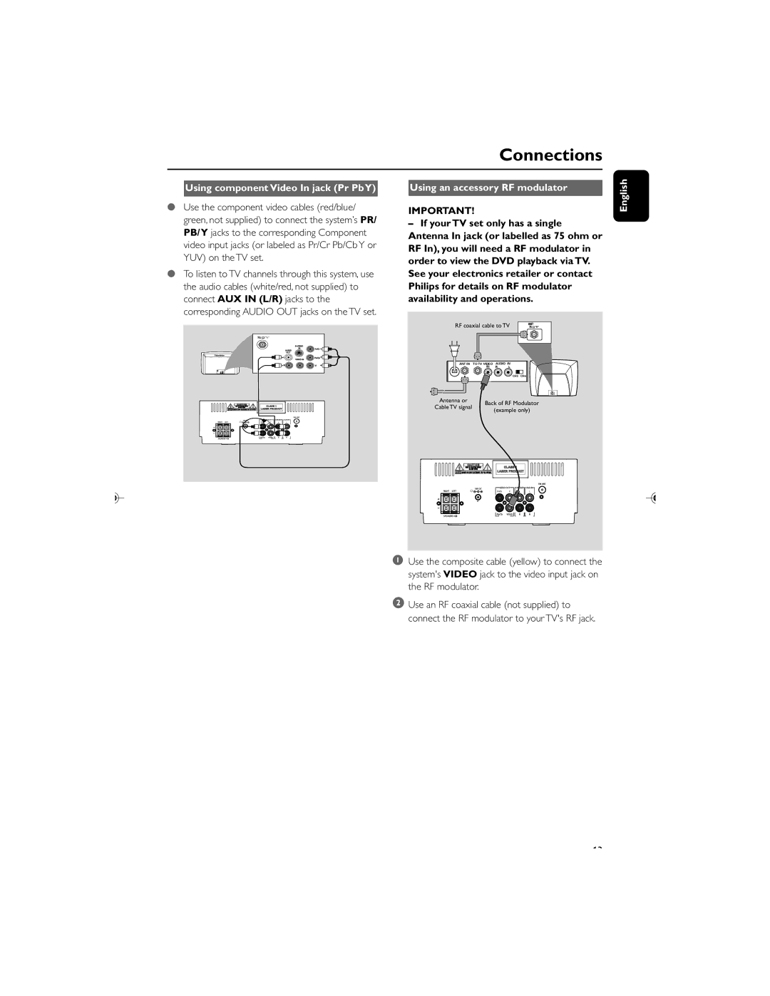 Philips MCD119/05 user manual Using component Video In jack Pr PbY, Using an accessory RF modulator 