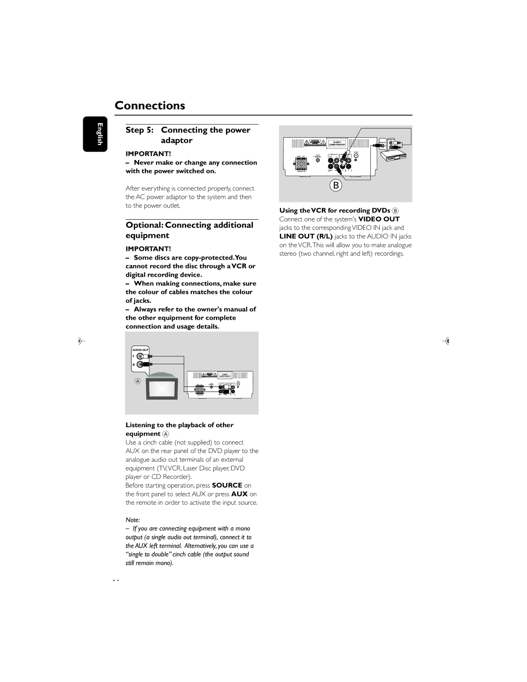 Philips MCD119/05 user manual Connecting the power Adaptor, Optional Connecting additional equipment 