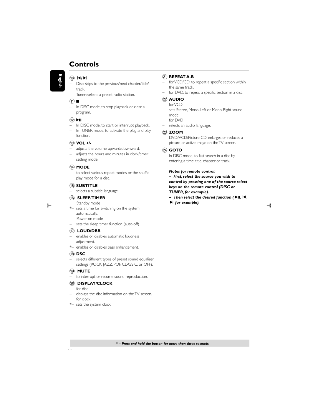 Philips MCD119/05 user manual $ Mode, Subtitle, LOUD/DBB ¡ Repeat A-B, £ Zoom, ≤ Goto, Mute, Display/Clock 