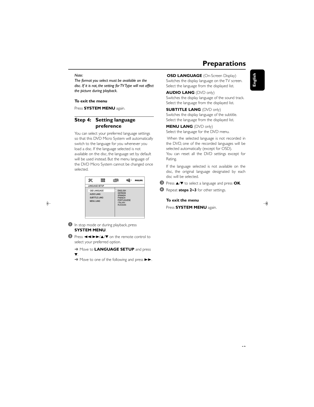 Philips MCD119/05 user manual Setting language preference, To exit the menu, Audio Lang DVD only, Subtitle Lang DVD only 