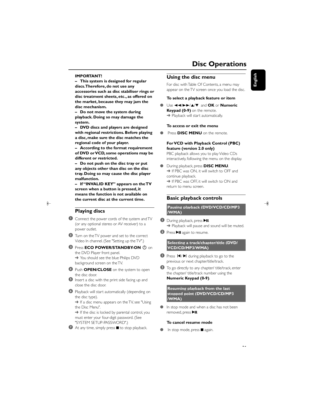 Philips MCD119/05 user manual Disc Operations, Playing discs, Using the disc menu, Basic playback controls 