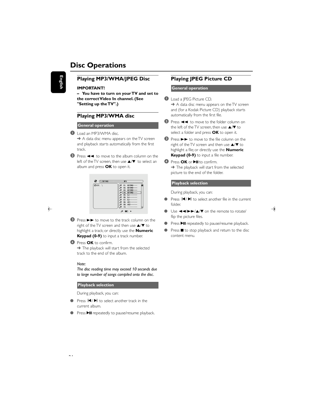 Philips MCD119/05 user manual Playing MP3/WMA/JPEG Disc, Playing MP3/WMA disc, General operation, Playback selection 