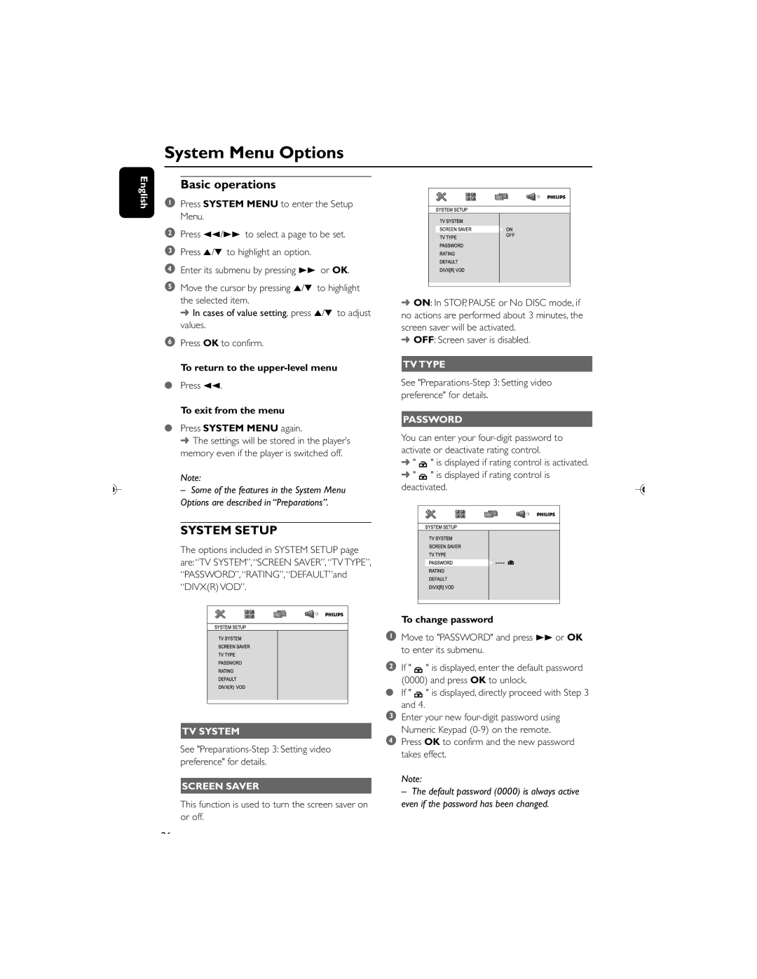 Philips MCD119/05 user manual System Menu Options, Basic operations 