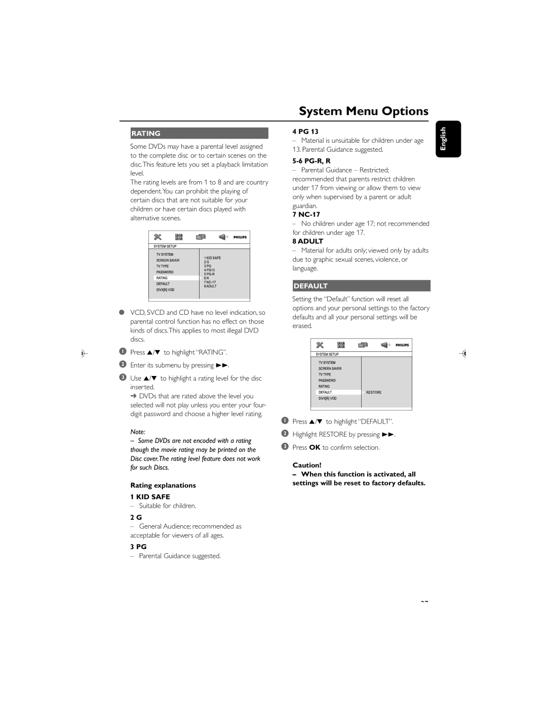 Philips MCD119/05 user manual Rating, KID Safe, Adult, Default 