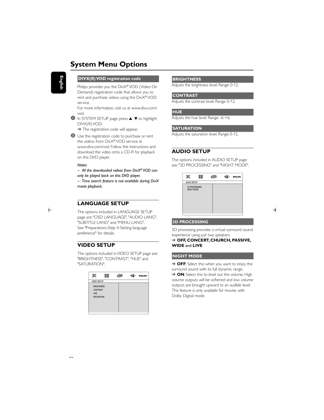 Philips MCD119/05 user manual Brightness, Contrast, Hue, Saturation, 3D Processing, Night Mode 