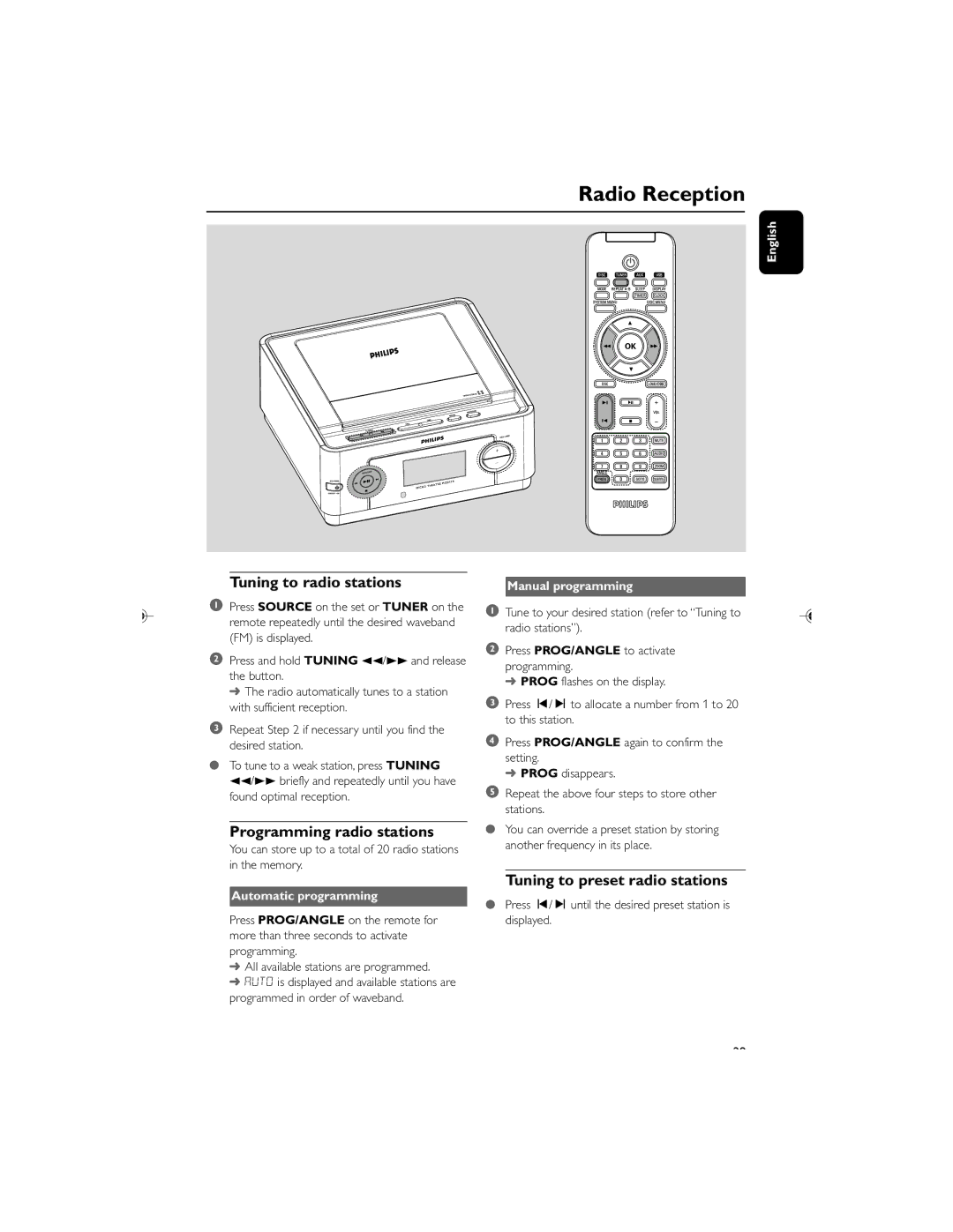 Philips MCD119/05 Radio Reception, Tuning to radio stations, Programming radio stations, Tuning to preset radio stations 